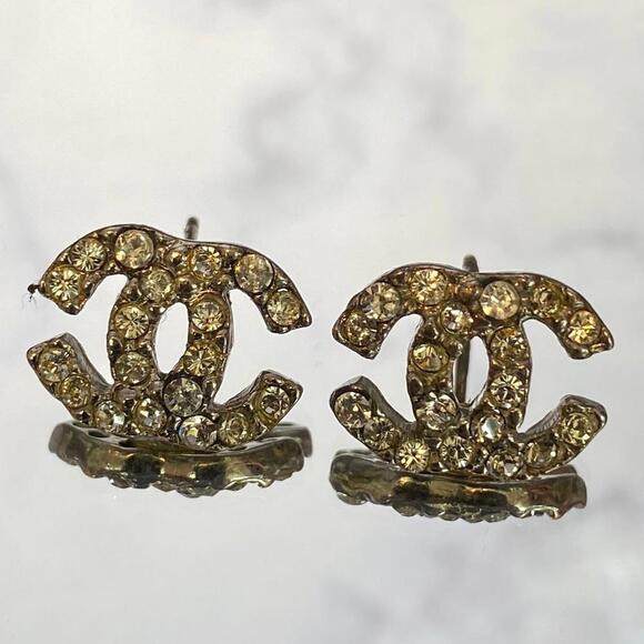 Vintage Chanel Logo Rhinestone Earrings - Picture 1 of 6